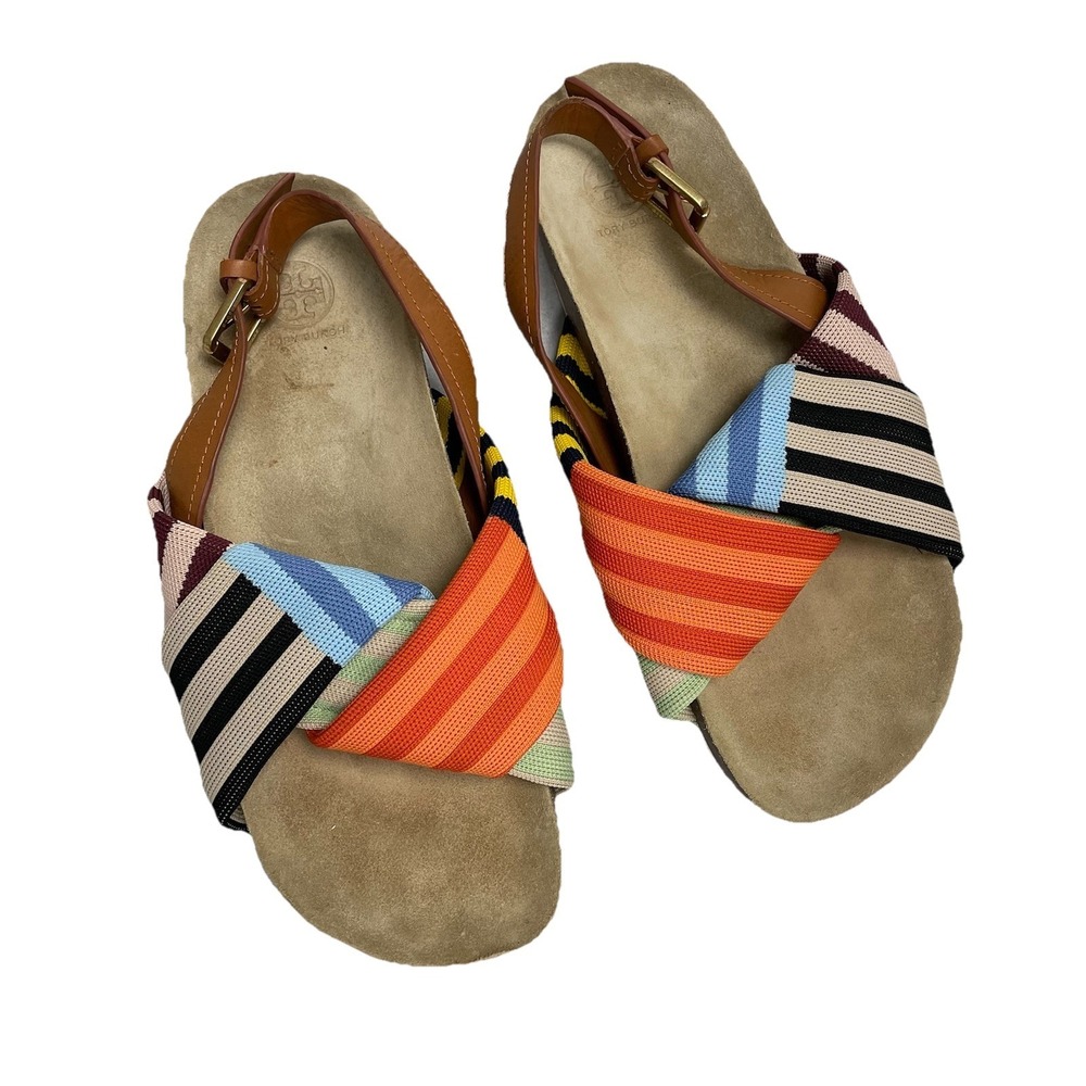 TORY BURCH Sandal Corey Patchwork Twist Stripe Platform Cork Womens 11 Beach